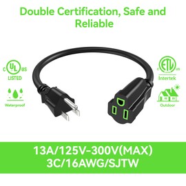 Power Extension Cord 3FT/36Inch, Short 3 Prong Electric Extension Cable Outlet Saver, Single Outlet, Outdoor and Indoor, Heavy Duty, Waterproof, Flexible, 16 AWG, SJTW, 13A 125V Extender Wire(Black)