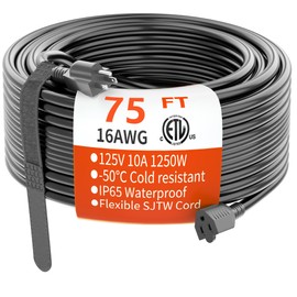 HUANCHAIN 75 FT 16 Gauge Black Indoor Outdoor Extension Cord Waterproof, Flexible Cold Weather 3 Prong Electric Cord Outside, 10A 1250W 125V 16AWG SJTW, ETL Listed
