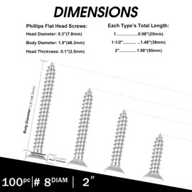 White Head 100 PCS #8X2" Stainless Steel Phillips Flat Head Wood Screws,Stainless Steel 18-8 A2(304) Screw,Home Screw Kit by QISHENG