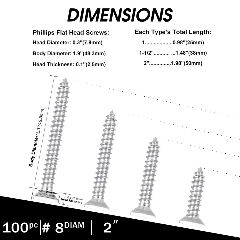 White Head 100 PCS #8X2" Stainless Steel Phillips Flat Head