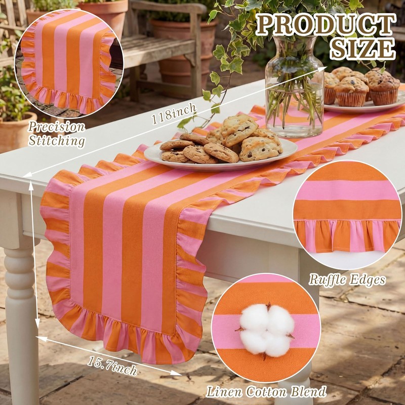 HunnmingRe Ruffle Edge Striped Table Runner 118 x 15.7 Inch