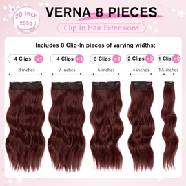 Clip in Hair Extensions for Women, 20 Inch 8PCS Red Hair Extensions Clip Ins Wavy, Synthetic Curly Hairpieces for Women, Invisible Lace Weft Hair Extension