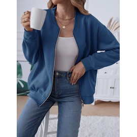 MEROKEETY Basic Zip Front Sweatshirts Crew Neck Solid Color Casual Coat Jacket for Women, DarkBlue, X-Large