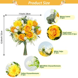Artificial Flowers, Silk Faux Flowers Yellow Roses Tulips Daisy Chrysanthemums Bouquets, Faux Flowers Arrangement for Home Living Room Party Wedding Offices Bookshelf Decorations (Yellow)