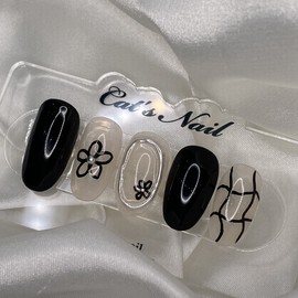 Line Flower Black Nail Handmade Nail Tips - Long Square / 라인 꽃 블랙네일 수제네일팁 - 롱스퀘어