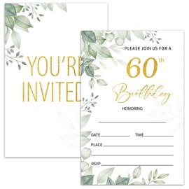 60th Birthday Invitation Cards for Women Men, 60 Years Old Birthday Invites for Adult, Greenery Birthday Party Supplies, Favors, 20 Cards With 20 Envelopes -01