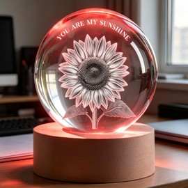 YouerCrystal 3D Sunflower Lamp,2.36 inch 3D K9 Crystal Ball Sunflower Night Light with Wooden Base, 4Colors Change,USB Cable,Black Box,Birthday Christmas Sunflower Gift