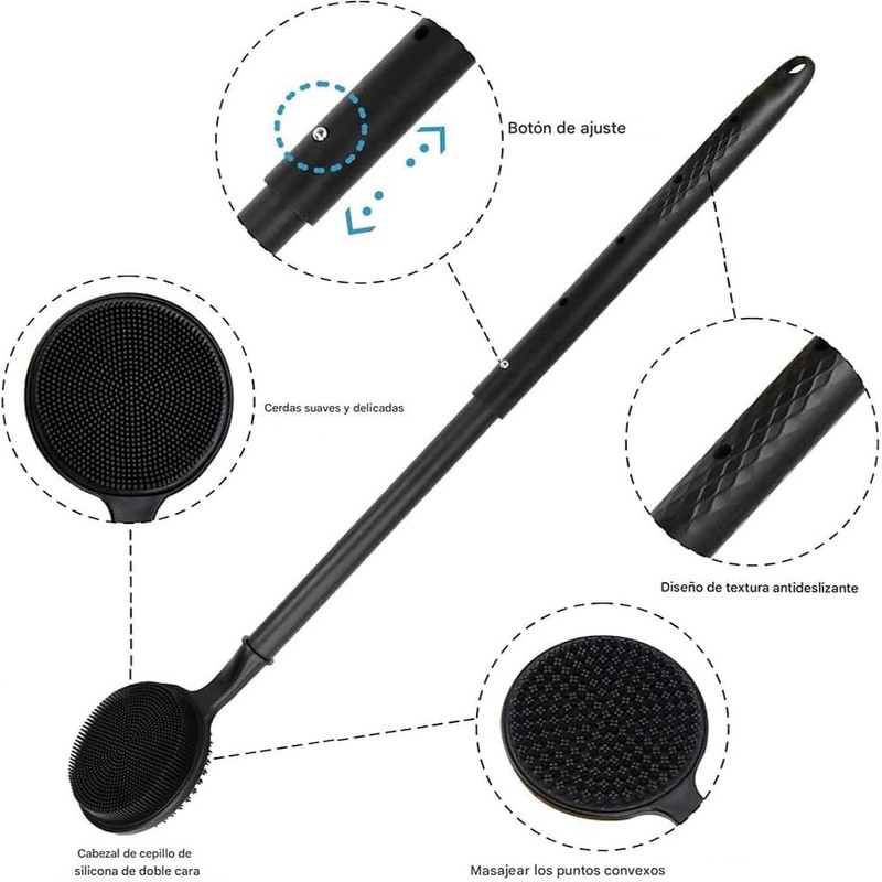 Cepillo de baño de doble cara con mango extensible, con