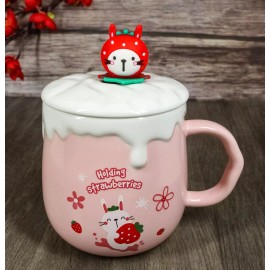 Ebros Gift Whimsical Bunny Rabbit Hiding Strawberries Ceramic Mug Cup With Lid And Spoon