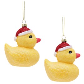 Toyland® Pack of 2 - 12cm Yellow Glittery Festive Rubber Duck Baubles - Christmas Tree Decorations