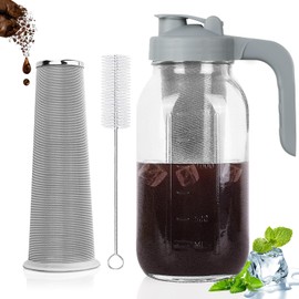 Cold Brew Coffee Maker Pitcher,64 Oz Heavy Duty Glass Mason Jar Pitcher with Pour Spout Handle Lid ，Stainless Steel Filter for Iced Coffee,Iced tea,Fruit Drinks，lemonade - Gray