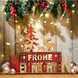 com-four® LED decorative stand made of wood, illuminated lettering on wooden base, decorative lettering to stand up for Christmas, mood light with timer (red + forest)