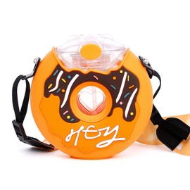 PHEENOWL - Botella de agua de dona de 380 ml con pajita para niños, sin BPA y a prueba de fugas con pajita, botella de bebida para niños pequeños con correa para el hombro para exteriores y escuela (amarillo)