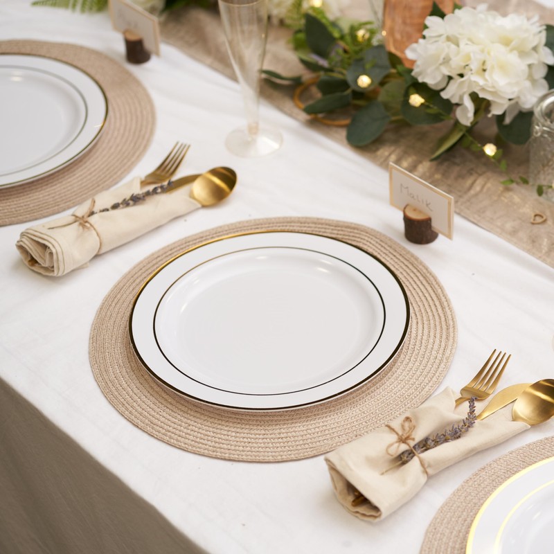 MATANA 50 Premium White Plastic Dinner Plates with Gold Rim,