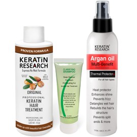 KERATIN RESEARCH Brazilian Keratin Hair Blowout Treatment Professional Results Straightening and Smoothing Hair with Thermal Protection argan Oil Spray Queratina Keratina (4oz+1oz+4oz)