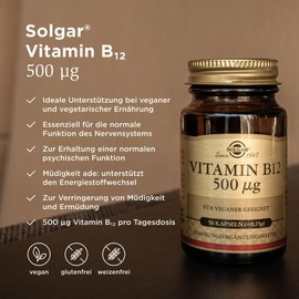 SOLGAR Vitamin B12 500μg - Supports Nerves, Psyche & Energy Metabolism, Reduces Fatigue - Ideal for Vegans & Vegetarians - 50 Day Supply