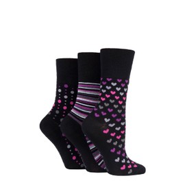 Gentle Grip SOCKSHOP Ladies Soft Top Patterned and Striped Soft Breathable Bamboo Socks in a Multipack of 3 Black/Berry 4-8