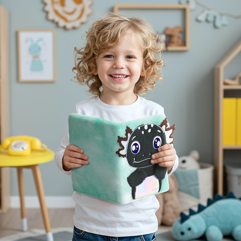 WERNNSAI Black Axolotl Plush Notebook for Children
