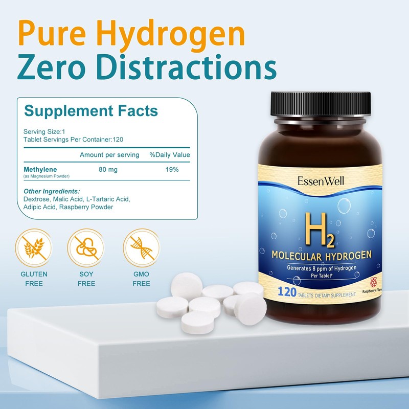EssenWell Molecular Hydrogen Tablets, 120 Count, Raspberry Flavor, Support Health