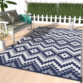 GENIMO Outdoor Rug Waterproof 5x8 ft, Lightweight Plastic Straw Rugs, Outside Reversible Area Mat Carpet for Patio, Camping, RV, Deck, Balcony, Porch, Backyard, Blue & White