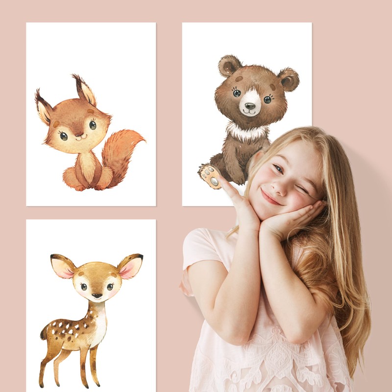 CreativeRobin Cute Baby Forest Animals Children's Poster DIN A4 Nursery