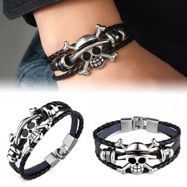 Black Bracelet Mens Pirate Braided Leather Bangle Stainless Steel Cuff Wristband