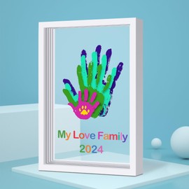 Family Handprint Kit DIY Craft Keepsake Wooden Frame Non Toxic Paints Transparent Sheets Perfect for Handprints Prints and Footprints Endless Present Set for New Parents and Family Memories (White)