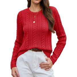 YUCOLEN Womens Sweater Cable Knit Long Sleeve Pullover Top Casual Crew Neck 2025 Fall Trendy Lightweight Sweaters Outfits Red XL