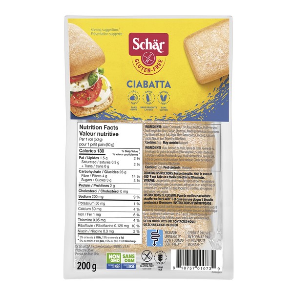 Schar Gluten-Free Ciabatta Buns - Non GMO, Dairy Free, Preservative Free, Quick and Delicious Parbaked Buns, Pack of 4 Rolls x 50g