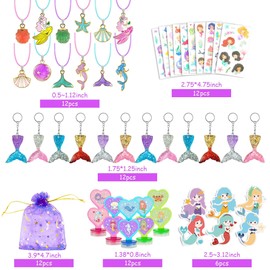 90 PCS Mermaid Party Favors for Girls - Mermaid Birthday Supplies with Bracelets, Necklaces, Rings, Keychains, Tattoo Stickers, Post-it Notes & Goodie Bags