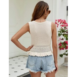 CiCiBird Women Cute Crop Sweaters Vest Knit Sleeveless Pullover Tops Crochet Ruffle Hem Tank Beige L