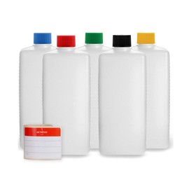 Octopus 5 x 500 ml Plastic Bottles, HDPE Plastic Bottles with Colourful Screw Caps, Empty Bottles with Coloured Screw Lids, Square Bottles with 5 Labelling Labels