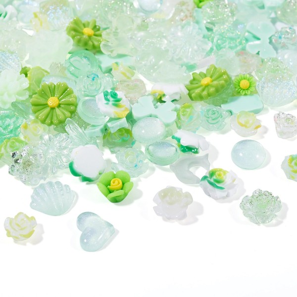 PandaHall 30g Flower Resin Cabochons Charms Green Luminous Heart Butterfly