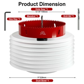 6-1/4 Inch Hole Saw with Dust Bowl for Recessed Lights - 159 mm M42 HSS Bi-Metal Hole Cutter, Hex Shank, Hole Saw Tools for Wood, Plywood, Plastic, Gypsum Board, Various Thin Metal Sheets