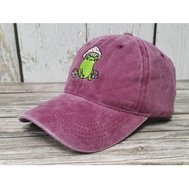 Enodtter Frog with Mushroom Hat, Embroidered Baseball Cap for Women Girl Men, Washed Burgundy Adjustable Hat Dad Hat