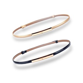 Women's Belt Dress Fashion Patent Leather Belts Adjustable 22"- 36" Skinny Slim Belt Leather Gold Color Buckle Waistband, 2-pack, Black & Gold, Adjustable: 22-36 inches (waist), 0.39 inches (width)