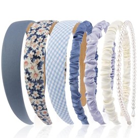 GeorgeX Diademas para Mujer, 7 Piezas Diferentes Bandas para el Cabello con Accesorios de Moda, Anudado Sólido, Perlas, Trenzadas(Azul)