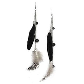 Domino Dots Feathers and Chain Drop Earring - Black/Antique Silver