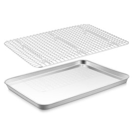 E-far Stainless Steel Baking Sheet with Wire Rack Set, 16” x 12” Cookie Sheet Baking Pan for Oven, Rimmed Large Metal Tray with Cooling Rack for Cooking Roasting, Non-Toxic & Dishwasher Safe