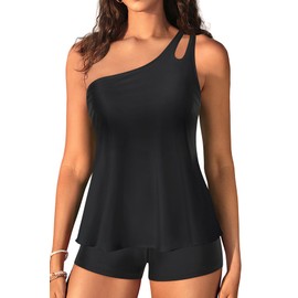 Women Tankini with Shorts - Two Piece Bathing Suits One Shoulder Tummy Control Swimsuit 2025 Flowy Swimwear Black M