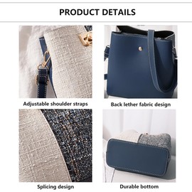 Women's Multi Pocket Canvas and Leather Shoulder Bag with Compartments Medium Tote Bags with Zipper Crossbody Bag-Blue