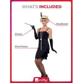 Smiffys Flapper Costume, Black with Short Dress, Headband & Gloves, 1920's Razzle Fancy Dress, Adult Dress Up Costumes