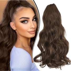 Dcbaboo Ponytail Hairpiece Hair Extension Clip Wavy Long Ponytail Extension Braid Ponytail Synthetic Wavy Curly Ponytail Hair Extension, 45 cm, Dark Brown & Light Brown