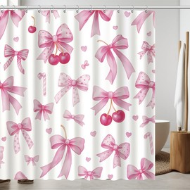 Cute Shower Curtain Pink Bow Fabric Shower Curtains for Bathroom Modern Aesthetic Cloth Shower Curtain Set with Hooks 72x72 Inch (Pink, 72’‘*72’‘, Cherry)