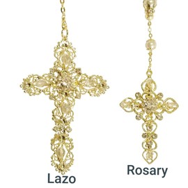 Angel Threads Boutique Elegant Gold Wedding Faux Pearl and Bead Rosary Lasso Set with Detachable Lasso Cross Psalm 118:24