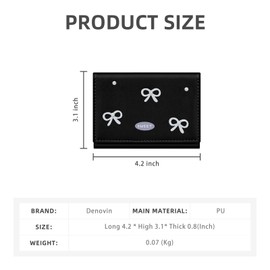 Denovin Small Wallets Woman, Cute Tri-fold Coquette Wallet for Women with Bow Design, Compact Credit Card Holder Purse with ID Window for Coin Cash Change (Black)