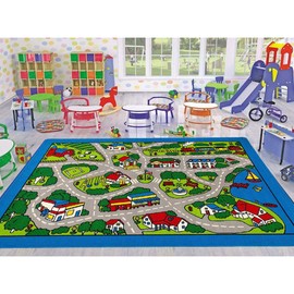 Learning Carpets City Life Play Carpet Kids Playroom Rug, Classroom Furniture, Toddler Blue Playmat Rug for Daycare/Homeschool (5’ X 8’)