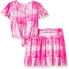Speechless Girls' Tie Front Top and Short Skirt Set, Fuchsia/White, 12