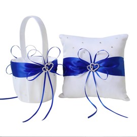 Amajoy 2pcs Wedding Set White Satin and Royal Blue Flower Girl Basket and Ring Pillow Set with Double Heart Rhinestone Decor