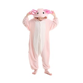 SimZoo Kids Animal Onesie Pajamas, 3-11 Years Boy and Girls Axolotl Cosplay Costume Sleepwear, One-Piece Unisex Homewear